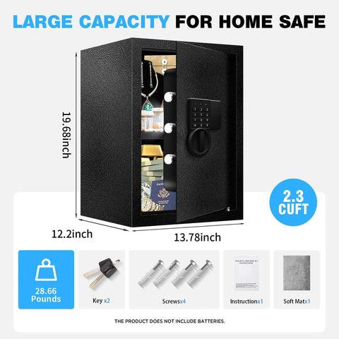 Two Point Eight Cu Ft Steel Electronic Safe Box For Home And Office With Digital Lock Documents Money Jewelry Big Capacity Storage Sensor Light Removable Shelf Quiet Mute Function Heavy Duty Security Vault shown in image dimensions and accessories.