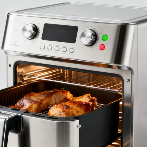 Stainless steel air fryer oven with digital controls cooking meat on a tray