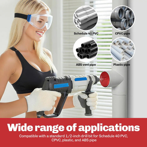 Person using Pro Grade 9 Piece PVC Pipe Reamer Kit With 1/2, 3/4, 1, 1-1/4, 1-1/2, 2, 2-1/2, 3, 4 Inch Reamers For SCH40 PVC ABS CPVC Pipe