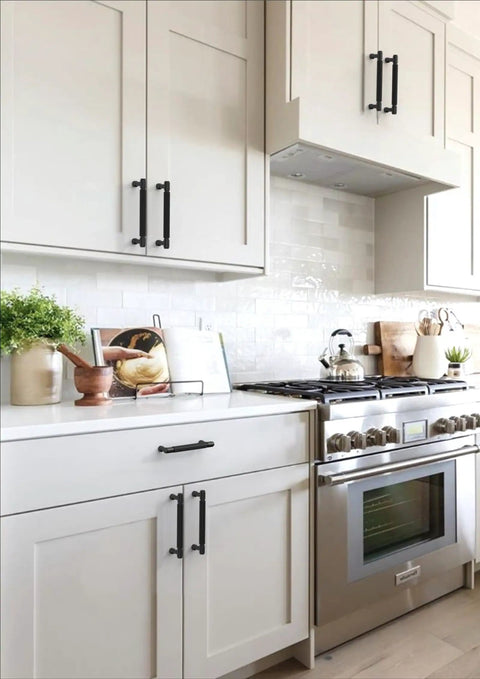 Slick Matte Black Knurled Cabinet Pulls 10 Pack 5 Inch Center To Center Kitchen Drawer Handles installed on modern kitchen cabinets.