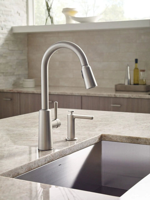 Spot Resist Stainless Modern Deck Mounted Kitchen Soap Dispenser With Above The Sink Refillable Bottle on marble counter