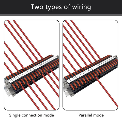 Heavy Duty DIN Rail Terminal Blocks Kit with Inline Universal Compact Wire Connectors for single and parallel mode installation.