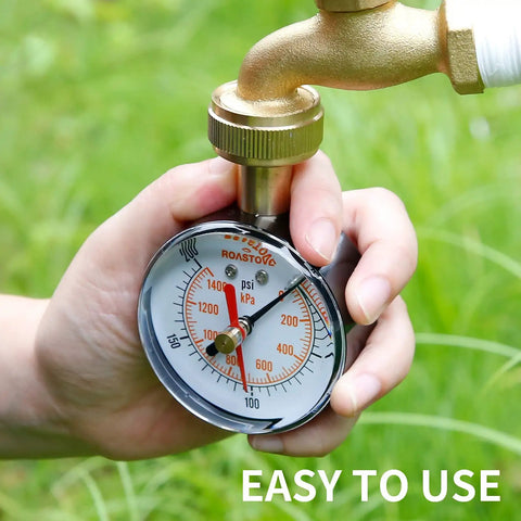 2-1/2 Inch Water Pressure Test Gauge With 0-200 Psi Range being used, showing dial and red drag pointer, connected to hose.