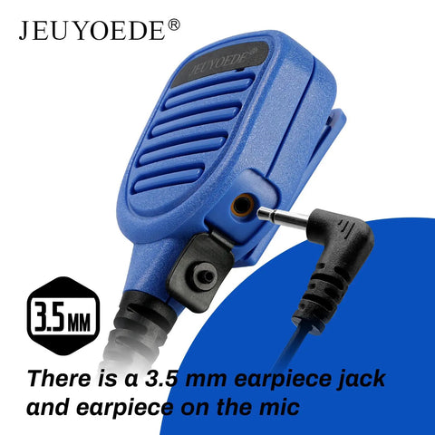 Close-up of waterproof remote microphone for walkie talkie with 3.5mm audio jack, compatible with Motorola APX and XPR series.
