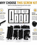 Number Eight Washer Head Screws Kit in Black Coated Finish, 85 Piece Set with organized compartments and screw details.