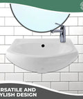 Offset Wall Mount Bathroom Sink Faucet In White With Overflow 16 1/8 Inch Reach Easy Install Sleek Modern Look Durable Metal Body Low Maintenance Great Pick For Small Bathrooms