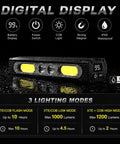Image of 1200 Lumen Bike Headlight And Taillight Set With Aluminum Body, USB-C Rechargeable, IPX6 Waterproof, showcasing digital display and lighting modes.