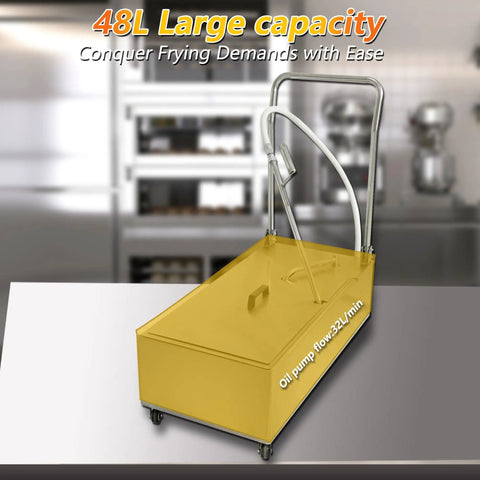 Heavy Duty Commercial Fryer Oil Filter Cart Rolling Mobile Restaurant Grease Purifier With 48 Liter Tank in kitchen setting