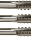 Garage Gang Approved 8mm By 1.25mm Metric Tap Set Forged From Durable High Speed Steel Including Taper Plug And Bottoming Styles For Smooth Hand Or Machine Threading Made In Usa, three taps arranged in a row.