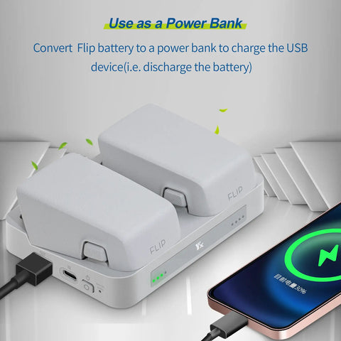 Two-Way Charging Hub For FLIP Drone Batteries, Fast Case Station With Cable shown charging phone and two drone batteries