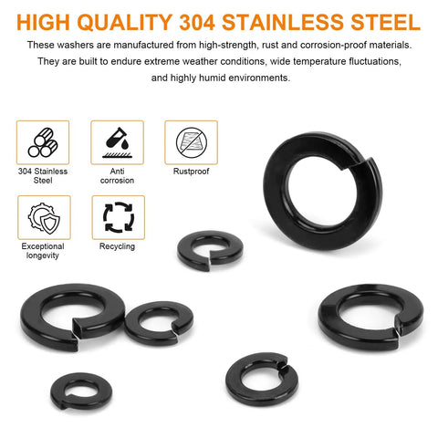 295 Piece Metric And SAE Spring Lock Washer Kit In Stainless Steel 304 Pro Grade Heavy Duty Washers In Sizes M3 To M10 And Six To Ten And Three Eighths Inch For Auto Motorcycle And Machinery Projects spring lock washers, 304 stainless steel