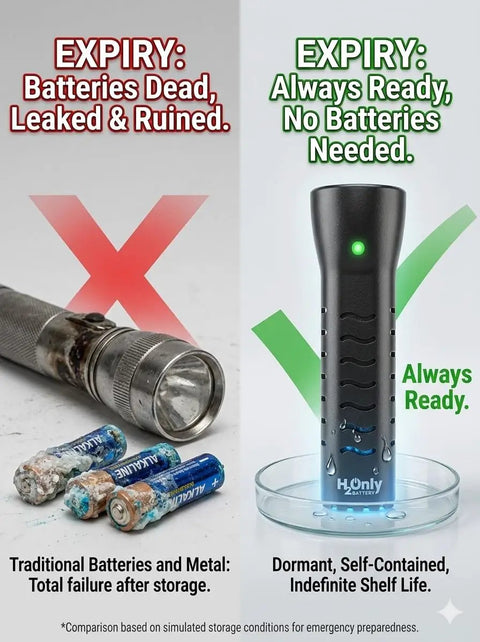 Water Powered Emergency Flashlight No Batteries Needed Off Grid Survival Light For Camping And Hurricane Prep Liquid Activated LED Torch Durable Safe For Home Security And Bug Out Gear with comparison to corroded traditional flashlight.