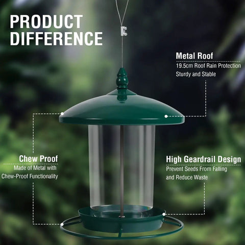 Chew Proof Metal Bird Feeder For Outdoors Hanging Built Tough As Nails With 3 Lb Seed Capacity Easy To Fill And Clean 360 Degree Feeding Weatherproof Roof For Gardens And Wild Birds Green