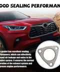 Two Pack 2.48 Inch Car Exhaust Pipe Gasket With 3 Bolt Flange next to a red car, universal fit, sealing performance highlighted.