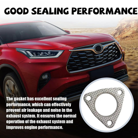 Two Pack 2.48 Inch Car Exhaust Pipe Gasket With 3 Bolt Flange next to a red car, universal fit, sealing performance highlighted.