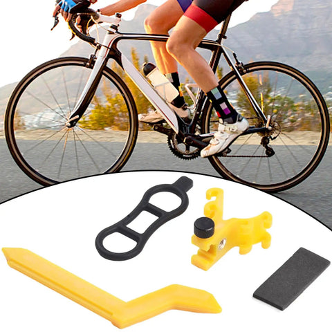 Cyclist using Pro Bike Wheel Truing Stand And Rim Adjustment Tool, Easy Bicycle Wheel Repair Kit for precise spoke alignment.
