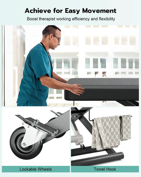 Paddie Flat Electric Lift Massage Table Professional Spa Bed with lockable wheels and towel hook for convenience and ease.