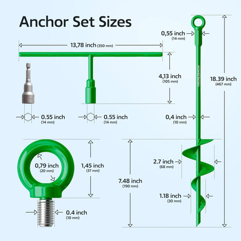Diagram of 18 Inch Heavy Duty Ground Anchors Kit Four Pack Green showing dimensions of spiral augers and tie down screws.