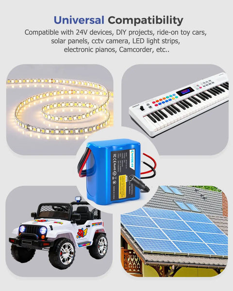 24V 2600mAh Li-Ion Rechargeable Battery With Charger for ride-on cars, LED strips, keyboards, solar panels, RC cars