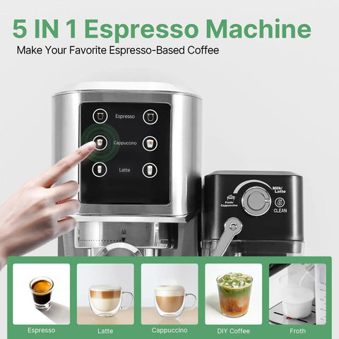 Semi Automatic Espresso Machine With Colorful Touchscreen And Sleek Stainless Steel Body Pulls Dope Barista Level Lattes Cappuccinos Plus Silky Milk Foam Effortlessly Right On Your Counter For Zero Sweat Morning Vibes with touchscreen selections.