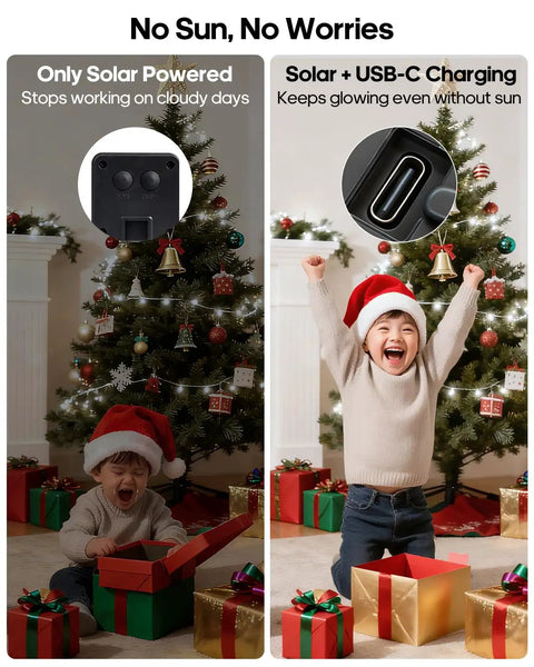 Child celebrating with Christmas gifts near a decorated tree, showcasing solar and USB-C charging options for lights.
