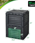 Outdoor Garden Compost Bin 80 Gallon 300L BPA Free Plastic No Fuss Easy Setup Barrel showing dimensions and capacity
