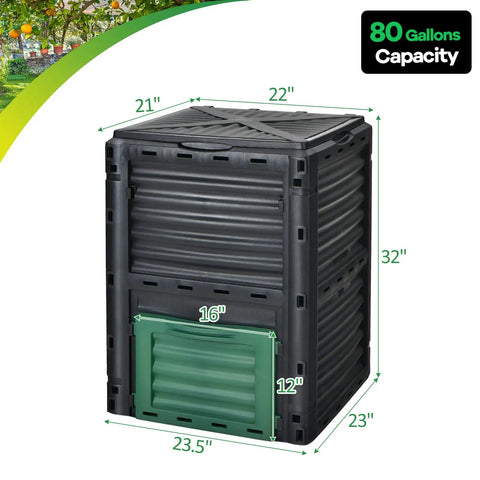Outdoor Garden Compost Bin 80 Gallon 300L BPA Free Plastic No Fuss Easy Setup Barrel showing dimensions and capacity