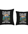 Two throw pillows with "The Only Thing Lighter Than My Gear Is My Bank Account" quote for ultralight bikepacking, featuring colorful illustration.
