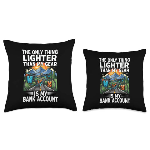 Two throw pillows with "The Only Thing Lighter Than My Gear Is My Bank Account" quote for ultralight bikepacking, featuring colorful illustration.
