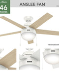 46 Inch Indoor Ceiling Fan With LED Light, White Finish, Five Blades, Pull Chain, Standard Mount, No Remote, Perfect For Bedroom Living Room Or Kitchen, Energy Efficient Bulbs Included