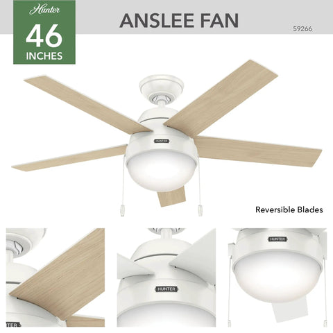 46 Inch Indoor Ceiling Fan With LED Light, White Finish, Five Blades, Pull Chain, Standard Mount, No Remote, Perfect For Bedroom Living Room Or Kitchen, Energy Efficient Bulbs Included