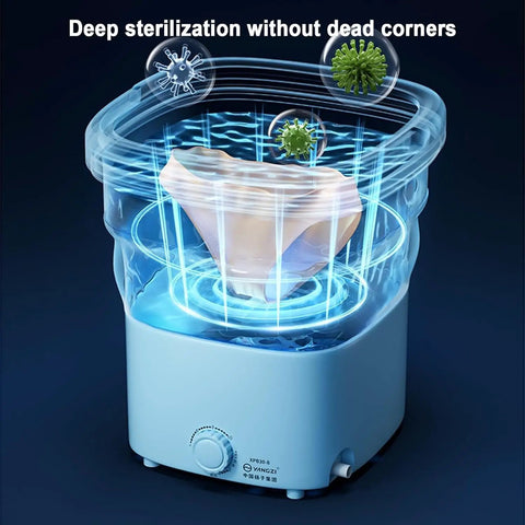 No Sweat Compact Portable Washer For Baby Clothes And Delicates With Gutsy Motor Ozone Sterilization and Super Silent Spin showing sterilization process.