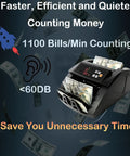 No Fakes Allowed High Performance Money Counter Machine With Uv Mg Ir Mt Detection Digital Display showing bills being counted.