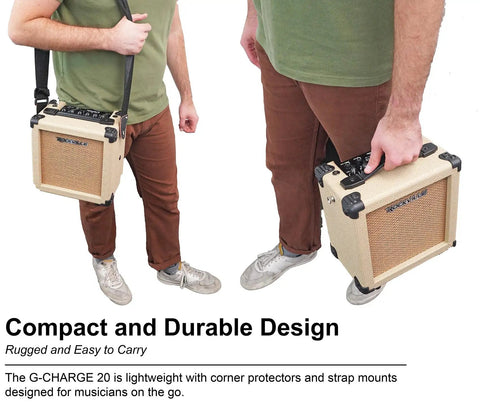 Person carrying G-Charge 20 Battery Powered Guitar Amplifier With 6.5 Inch Speaker, showing its compact and easy-to-carry design.