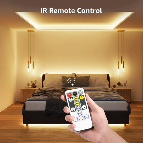 Bedroom with Tunable White LED Strip Light 16.4 Ft Warm To Cool White, Dimmable Bright Tape Lights with remote control visible
