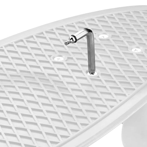 Close-up of Upkeep Skateboard Multi Tool with Allen wrench inserted in skateboard deck, showing diamond texture surface.