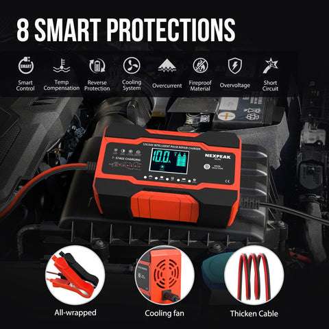 10 Amp Battery Charger And Maintainer For 12V 24V Cars Trucks Boats Marine And Lawn Mower Batteries, Smart Desulfator