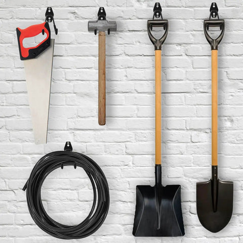 Six Pack Heavy Duty Garage Hooks with 100 Pound Capacity Steel Utility Hangers for saw, hammer, shovels, and hose organized