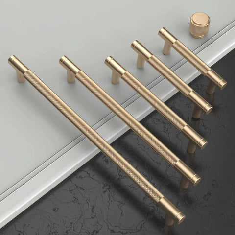 Top Shelf 10 Pack 5 Inch Gold Knurled Cabinet Pulls With 128mm Mounting Holes, gold finishes on varied sizes displayed.