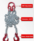 Workhorse Heavy Duty Chain Sling 6613 Lbs Capacity 5/16 Inch By 10 Ft Two Leg Adjustable Hoist Slings With Safety Hooks For Industrial Engine Lifts And Heavy Lifting Jobs, red hooks