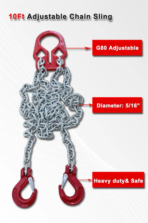 Workhorse Heavy Duty Chain Sling 6613 Lbs Capacity 5/16 Inch By 10 Ft Two Leg Adjustable Hoist Slings With Safety Hooks For Industrial Engine Lifts And Heavy Lifting Jobs, red hooks