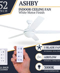 Ashby Modern 52 Inch Ceiling Fan With Light And Remote LED Indoor Fan With Tri Mount And 5 Blades In White And Gray Oak Finish