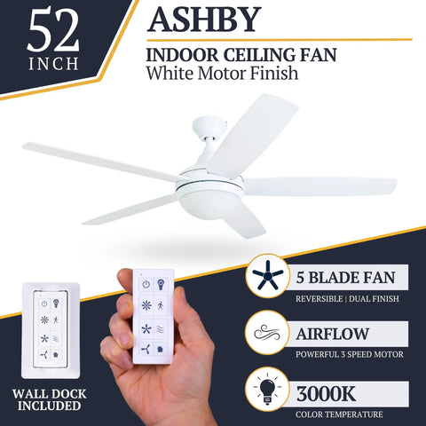 Ashby Modern 52 Inch Ceiling Fan With Light And Remote LED Indoor Fan With Tri Mount And 5 Blades In White And Gray Oak Finish