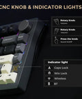 CNC knob and indicator lights on Flex75 Gasket Wireless Mechanical Keyboard With Control Knob for audio control and connectivity.
