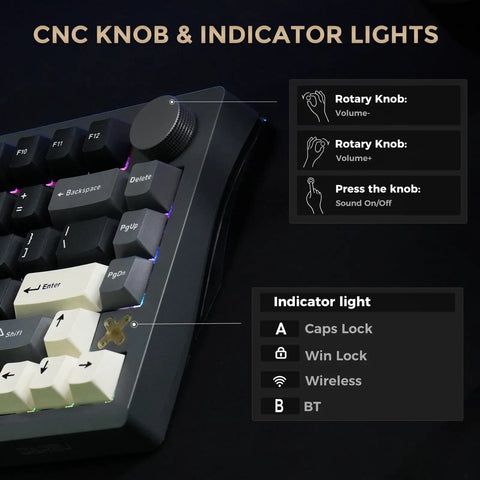 CNC knob and indicator lights on Flex75 Gasket Wireless Mechanical Keyboard With Control Knob for audio control and connectivity.