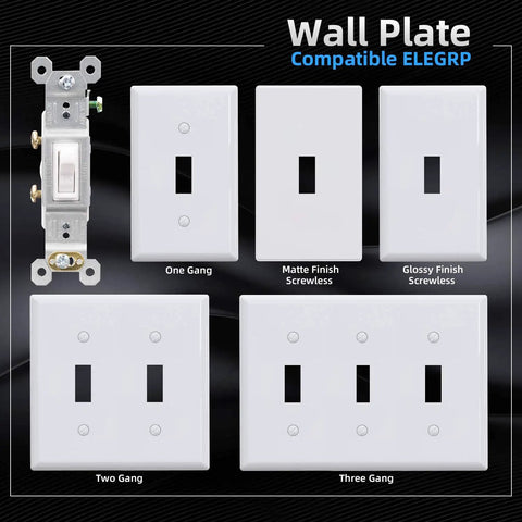 Single Pole Toggle Light Switch 15 Amp 120 Volt Quiet Framed In Wall On Off Replacement Self Grounding UL Listed Glossy White 5 Pack For Residential And Commercial Use Durable Thermoplastic Frame For Easy Install And Long Lasting Performance. White one-gang wall plate and toggle switch, screwless matte and glossy finishes