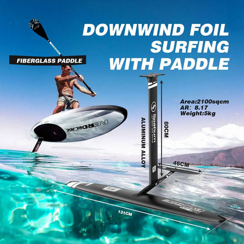 Detachable Hydrofoil With 80cm Mast For Fast Lift And Smooth Glide, shown in surf with paddle, aluminum alloy board