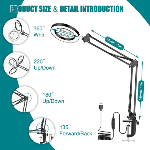 Diagram showing Magnifying Glass With Light And Stand 5X 10X Real Glass HD Desktop Magnifier with adjustable angles and dimensions.