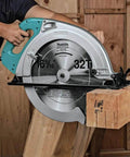 Beefy 15 Amp Electric Circular Saw With 2300 Rpm Motor And Quick Electric Brake cutting heavy timber on a job site.