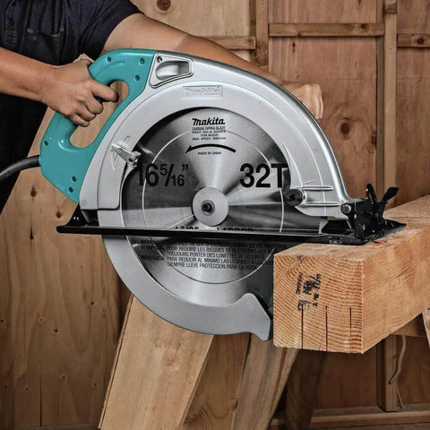 Beefy 15 Amp Electric Circular Saw With 2300 Rpm Motor And Quick Electric Brake cutting heavy timber on a job site.